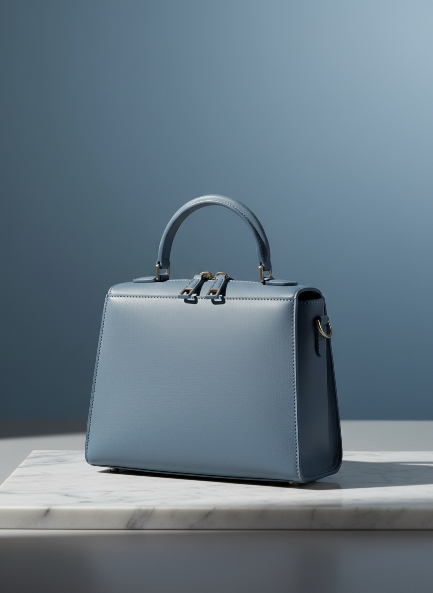 A petite, structured satchel in a matte dove-blue finish with minimalist nickel hardware and refined stitching, carefully positioned on a smooth, monochrome slab of marble. The background blends subtle, cool-toned gradients for an effortlessly elegant look. Gentle, natural daylight from above creates soft highlights along the bag’s contours and crisp yet subtle shadowing beneath. The camera captures the scene from a low-angle, providing a sense of architectural solidity and grace. Sharp focus throughout ensures every refined detail is visible. The mood is composed and quietly luxurious, in line with Pirsek’s sophisticated and affordable image, using a minimalist photographic approach.
